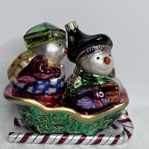 Vintage Fitz And Floyd Mercury Glass Ornament Sledding Snowman